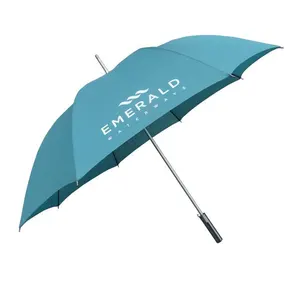 Großhandel individuelles Logo gerader Camping klassischer Griff automatischer Geschenk Werbe-Regenschirm schwarze Beschichtung Pongee Golf-Regenschirme