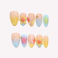 Faux ongles courts en acrylique dégradé macaron, forme amande, avec fleurs 3D, gouttes d'eau et perles dorées, pour pique-nique, voyage, rendez-vous