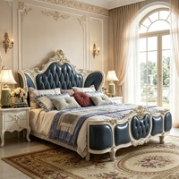 Lit King Size Grand Royal en Bois Massif avec Tête de Lit Rembourrée en Cuir de Vachette Indigo Profond et Boutons – Ensembles de Chambre à Coucher
