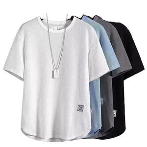 100% algodón de moda para hombre, Camiseta holgada de media manga con cuello superior Waffle, camisa Base de manga corta para ropa informal inteligente - Product Image 4