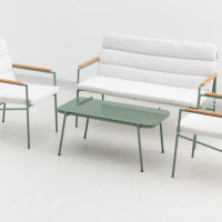 Ensemble de salon de jardin minimaliste 4 pièces, structure en métal vert, canapé deux places, chaises individuelles, table basse