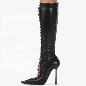 Lace up Front Cut Out Women Knee High <b>Boots</b> Big Size 44 Solid Stiletto Dress Shoes Slim Heels Side Zipper Long <b>Boots</b> - Product Image 6