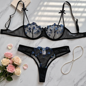 Wholesale Floral Rose Embroidery Lingerie <b>Set</b> <b>Sexy</b> Sheer Mesh Underwire Bra and Thong Panties <b>Set</b> 2 Piece Bow Lace Intimates - Product Image 3