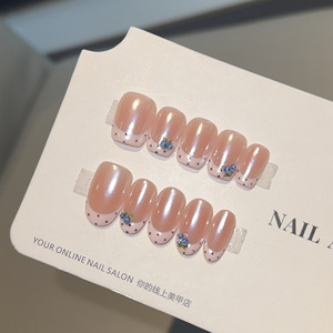 10 pièces Faux ongles à presser de haute qualité, faits main, forme amande, style French, motif Ins Wave Point et design <span class=keywords><strong>Myrtille</strong></span> 3D, amovibles - Product Image 4