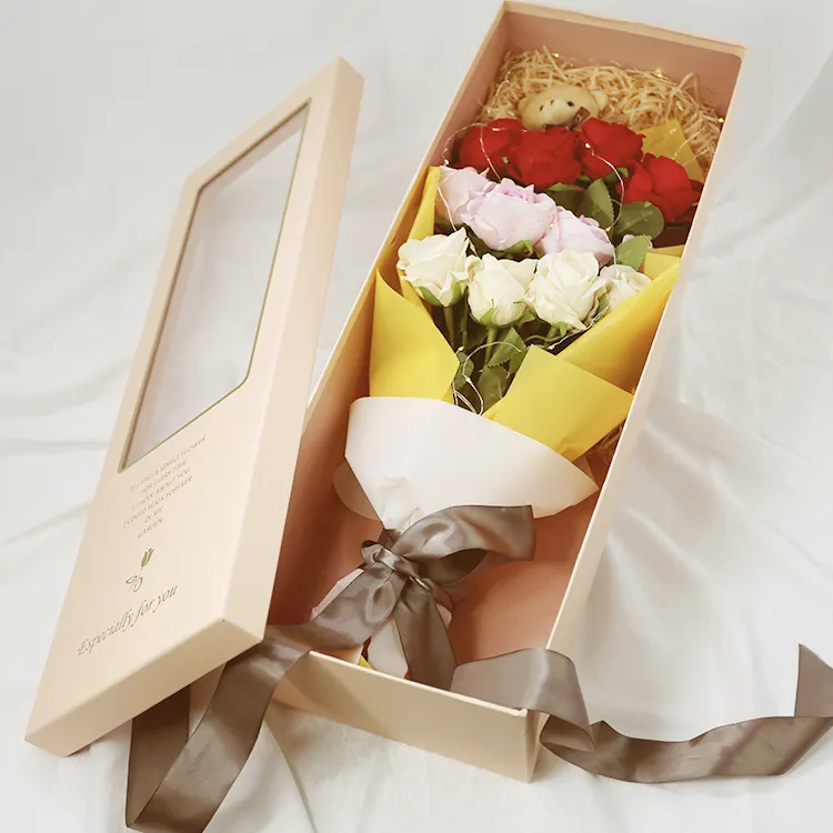 Toptan dikdörtgen gül çiçek ambalaj hediye kutusu uzun kök gül çiçek karton kutu ile pencere çiçek buketi kutusu
