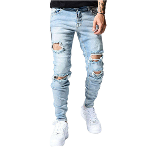 Jean en denim déchiré et vieilli pour homme, coupe slim, taille mi-haute, style décontracté, respirant, en coton, pour le printemps, streetwear décontracté - Product Image 1