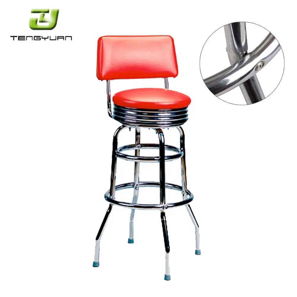 Metal high bar stool chrome swivel chair with PVC leather back