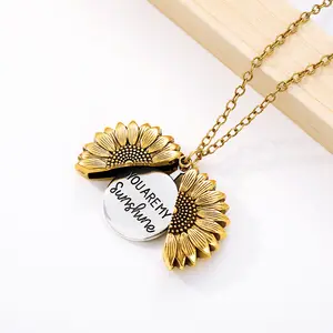 You Are My Sunshine Open Locket Sunflower Pendant Necklace Boho Jewelry Metal Necklace For Women Gifts Letter Necklace Collier