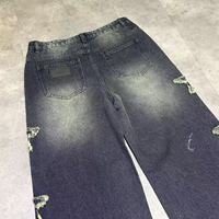 Pantalon en jean délavé personnalisé avec logo, style vintage, délavé au soleil, hip-hop, appliqués, coupe droite, décontracté, avec patchs