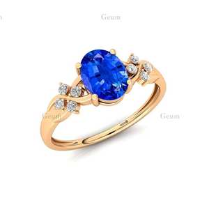 Bague de mariage solitaire en or 18 carats avec saphir bleu ovale et halo de diamants naturels, certifiée IGI, 0,12 ct, 8 diamants, plaquée rhodium - Product Image 3