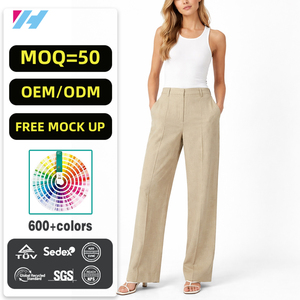 Pantalons longs en lin et coton mélangé <span class=keywords><strong>pour</strong></span> femmes, taille haute, décontractés, respirants, sur mesure, vente en gros, OEM, jambes droites, pantalons <span class=keywords><strong>de</strong></span> costume - Product Image 1