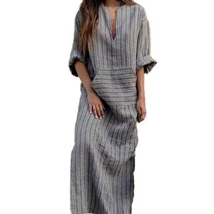 OEM Wholesale High Quality Women's Cotton Linen <b>Dress</b> Custom Color Weave Striped Midi Length Loose Fit Long <b>Dresses</b> - Product Image 1