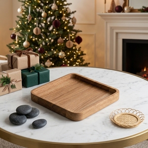 Assiette à dessert en bois d'acacia massif de qualité supérieure - <span class=keywords><strong>Plateau</strong></span> de service moderne et luxueux pour les fêtes, idéal pour les collations, les fruits, les fromages, les charcuteries et la restauration - Product Image 1