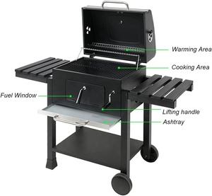 Vỉ nướng than nặng với khu vực nấu ăn lớn, bánh xe, nhiệt kế, khay tro & Hai Bàn phụ - Product Image 1