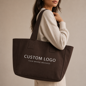 Custom Simple Style Brown Cotton Canvas Shoulderbag Custom Printed/Embroidery Logo Large Capacity Canvas Tote Bag With Zipper - Product Image 5
