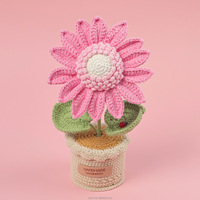 Vente en gros de maison bureau Noël Halloween Graduation Fête des Mères Pâques Décoration faite à la main Tricot Crochet Tournesol Pot Plante