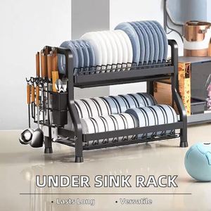 Modern Eco Friendly Double Tier Carbon Steel Metal Multifunction <b>Kitchen</b> Sink <b>Rack</b> Dish Drying Chopsticks Cleaning Tools <b>Storage</b> - Product Image 4