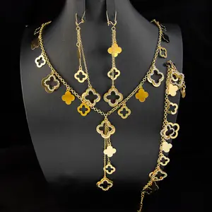 Non Tarnish Wholesale Brass Gold Plated Jewelry Set Long Chain Necklaces Four Leaf Clover Jewelry Set