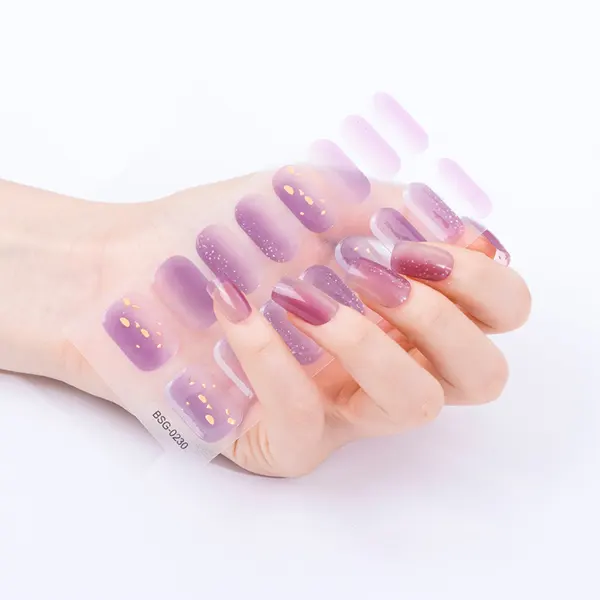 Gran oferta, 16 Uds., envolturas de uñas de Gel púrpura de fantasía, pegatinas de uñas de Gel de larga duración UV semicuradas 3D