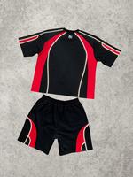 Ensemble survêtement homme Y2K personnalisé avec logo, blocs de couleur, bandes réfléchissantes, coupe ample, t-shirt patchwork et short Bermuda, streetwear épais