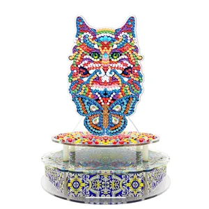 Custom DIY Colorful Butterfly And Cat Diamond Music Box Interesting Art Bright Ornament For Gift