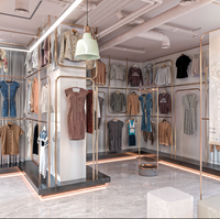 Tienda de ropa moderna Diseño de mostrador de piso lacado Estantes de pared personalizados Estantes de exhibición de ropa de acero inoxidable Góndola de madera