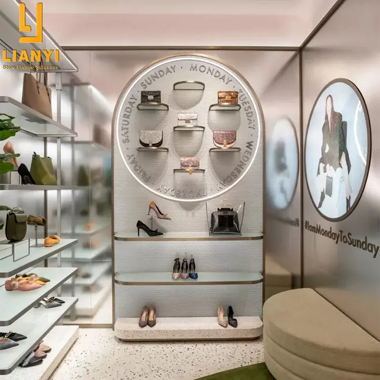 Уникальный дизайн светодиодные фонари стеклянная полка для обуви для украшения магазина обуви и сумок