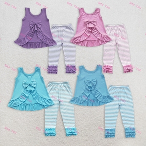 Set di Abbigliamento Primaverile per Bambina, Top Senza Maniche con Fiocco sul Retro e Leggings a Righe, Outfit Estivo in Cotone per Neonata - Product Image 2
