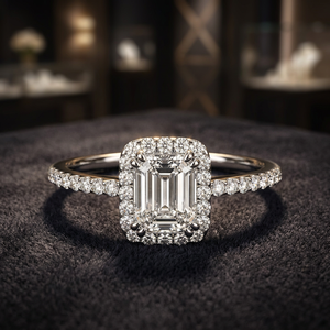 แหวนเพชรทรงเอเมอรัลด์คัทแบบ Halo น่ารัก ประดับเพชรเม็ดเล็กๆ รอบวง  ทอง 10K 14K 18K เงิน 925 935 สำหรับงานแต่งงานและเป็นของขวัญ - Product Image 1