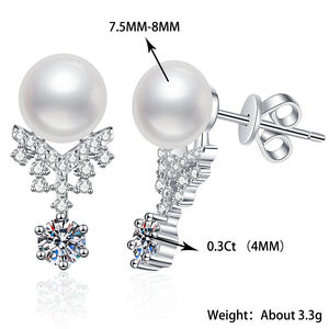 Pendientes de Perlas de Agua Dulce de 8 mm con Corona de Moissanita VVS de Corte Redondo de 6 Quilates con Engaste de Garra de Plata de Ley S925 para Mujer 12/15 - Product Image 6