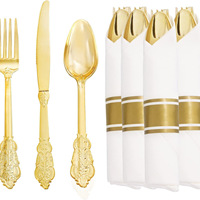 Ensemble de couverts jetables en plastique argenté et doré gaufré, couteau, fourchette, cuillère, serviette, pour fêtes, mariages, restaurants