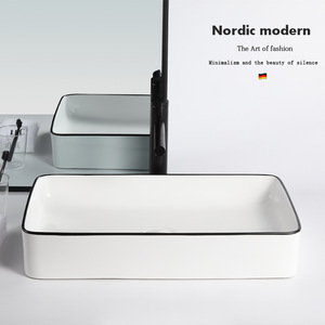 Ceramic Countertop <b>Basin</b> <b>Round</b> White With Black Rim Single Sink For Bathroom Easy Cleaning - Product Image 5