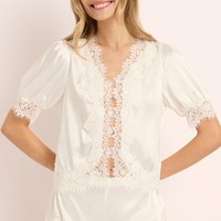 Chemisier T-shirt Femme Personnalisé en Gros, Couleur Unie, Boutonné, en Dentelle, Manches Courtes