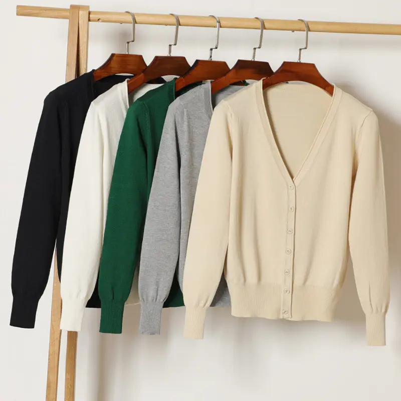 Solid Color Women's Spring and Autumn Tops European and American V-neck Sweaters Cardigans Women's Short Spring Sweater Coats