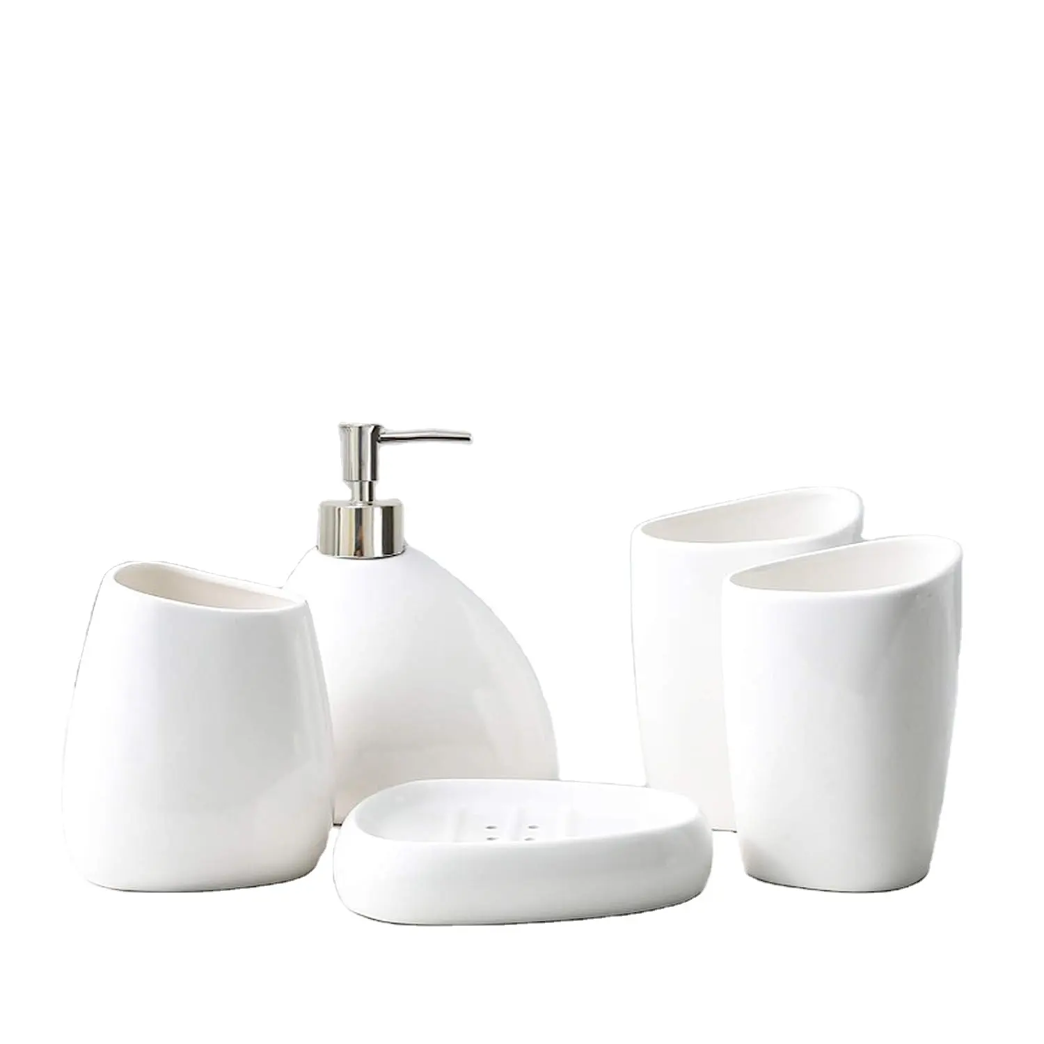 White Bathroom Accessories Set Complete, 5 Pcs Ceramic Bathroom set for Hom