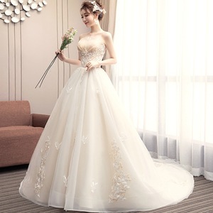 Strapless Champagne Ball Gown Wedding Dress With Embroidery Floral Print Empire Waistline Chiffon Train - Product Image 2
