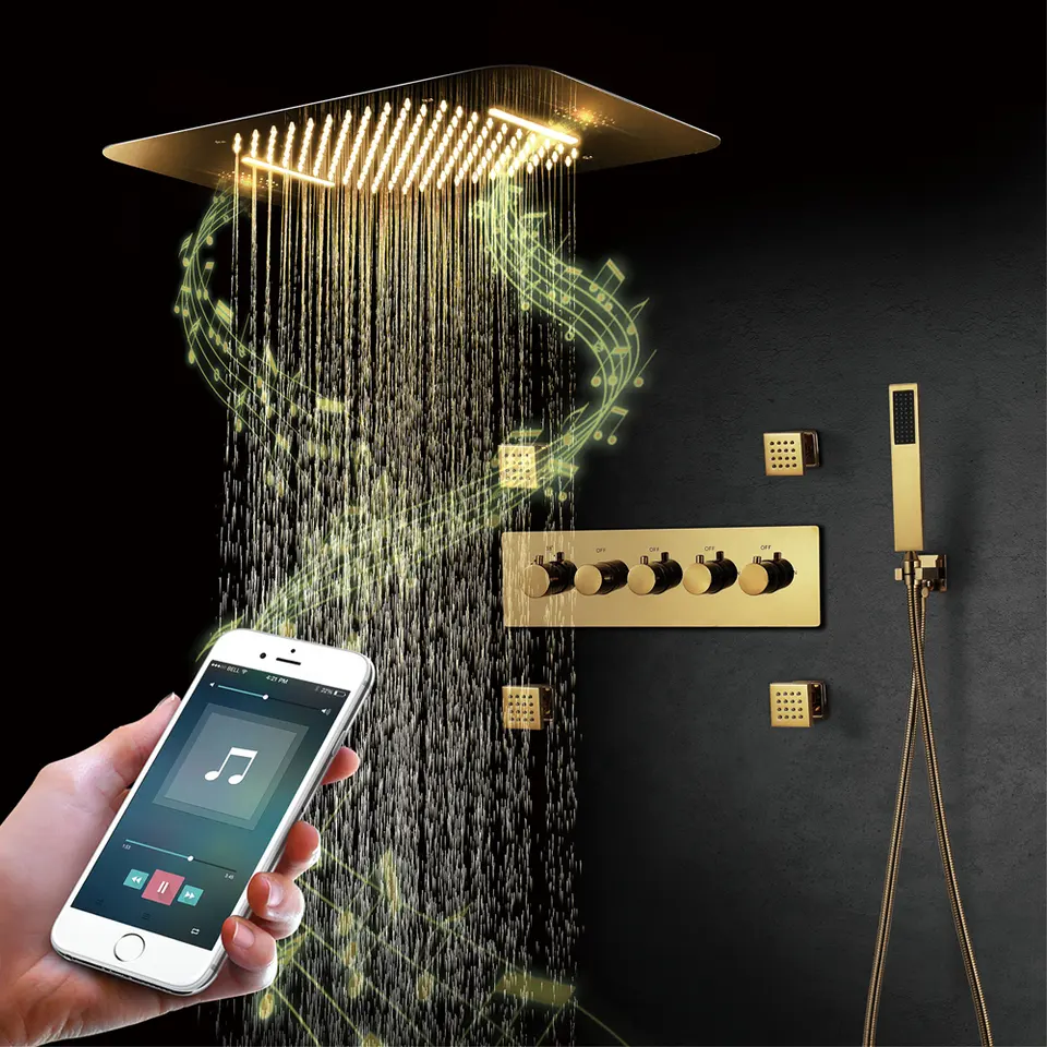 Ceiling mount Waterfall rainfall shower system multi function dual mode led head music Thermostatic shower set with body jets