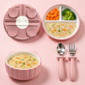 Juego de Vajilla de Cerámica de 4 Piezas para Bebés, Libre de BPA, Anti-Quemaduras, Plato Dividido para Niños Pequeños, Juego de <span class=keywords><strong>Cubiertos</strong></span>, Platos de Porcelana para Niños - Product Image 1