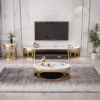 Meubles de salon de luxe, table basse ronde dorée, pieds en acier inoxydable moderne, plateau en verre noir marbré, ensembles de tables basses