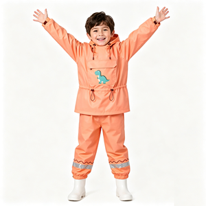 Ensemble imperméable en nylon PU pour l'extérieur, veste <span class=keywords><strong>anorak</strong></span> à capuche et pantalon color block avec bandes réfléchissantes pour enfants (équitation) - Product Image 3