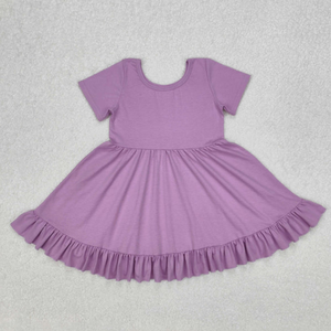 Vente en gros de robes pour filles, robes à volants de couleur unie, boutique pour tout-petits, col Peter Pan, manches courtes, robes d'été - Product Image 3