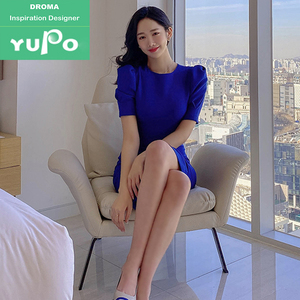 Droma 2026 Nuova Collezione: Elegante Abito da <span class=keywords><strong>Donna</strong></span> <span class=keywords><strong>Blu</strong></span> Scuro con Collo Tondo, Maniche Corte e Lacci, per Ufficio - Product Image 1