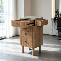 Chariot de Salon de Coiffure Écologique et Durable en Bois avec Plateau en Verre et 4 Roues, Support pour Sèche-Cheveux