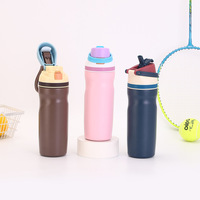 Gourde sport isotherme personnalisée de 20 oz à double paroi avec poignée, en acier inoxydable, avec paille et couvercles