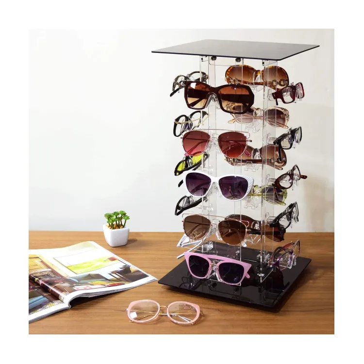 Kotak Display pemegang kacamata hitam putar akrilik bening kualitas tinggi untuk toko Rumah Mall sarung kaca berdiri