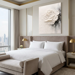 Peinture à l'huile moderne de rose blanche texturée en 3D sur toile |   Art mural abstrait peint à la main de luxe pour la décoration d'hôtels et de maisons, taille personnalisée - Product Image 2