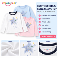 T-shirt à manches longues personnalisé pour filles, imprimé étoiles, col rond contrastant, pour tout-petits et enfants, vente en gros OEM ODM