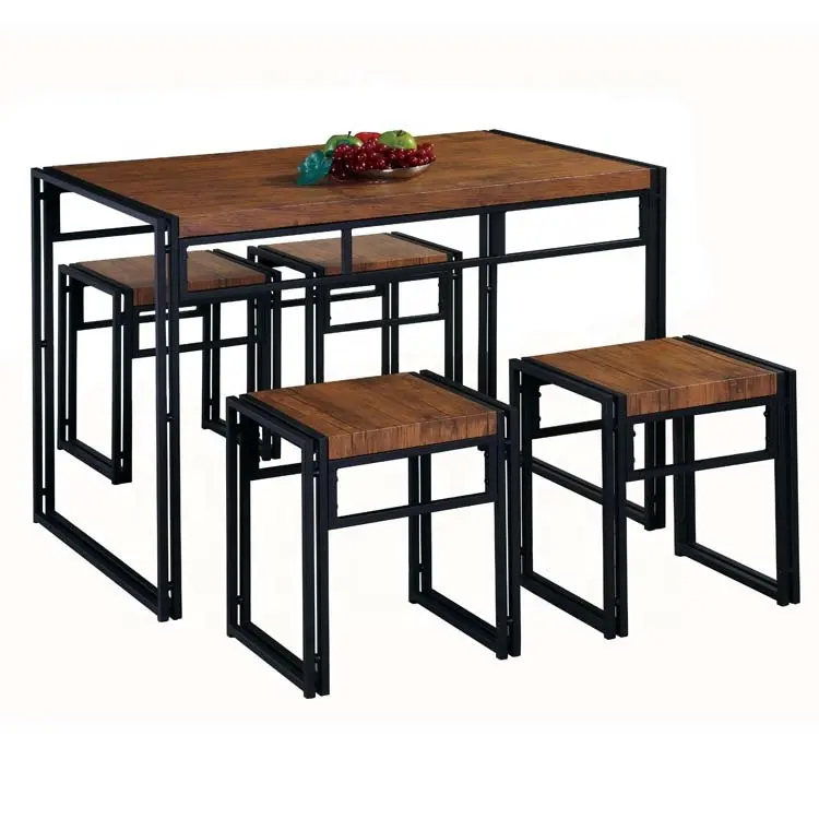Industrial Bar Dining Table With Four Stools Counter Height 5-PC Wooden Kitchen Dining Table Set