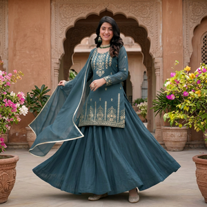 TENNECY Choli ethnique pour femme, broderie à motifs miroir, dentelle, coton romain, longueur cheville, extensible, pour l'hiver, Diwali, fêtes et mariages - Product Image 1