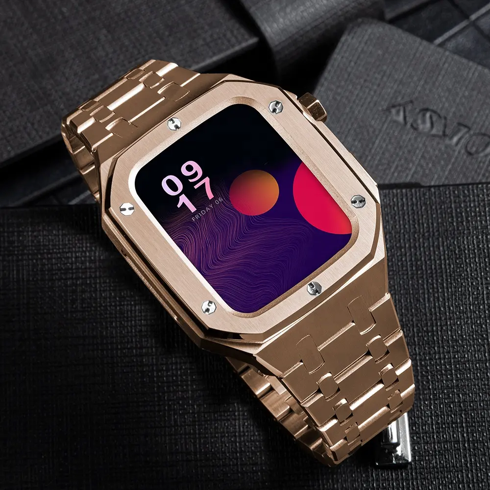 Custom Luxury Stainless Steel Band Strap and Protective 40mm 44mm Watch Case for Apple Smart Iwatch Series
